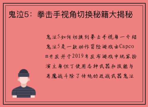 鬼泣5：拳击手视角切换秘籍大揭秘